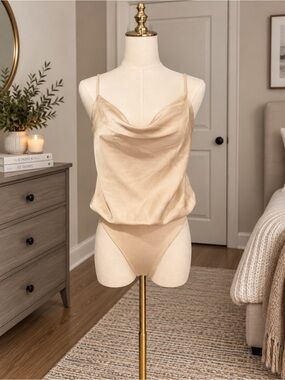 NWT Lulus Emmerson Champagne Satin Sleeveless Cowl Neck Bodysuit